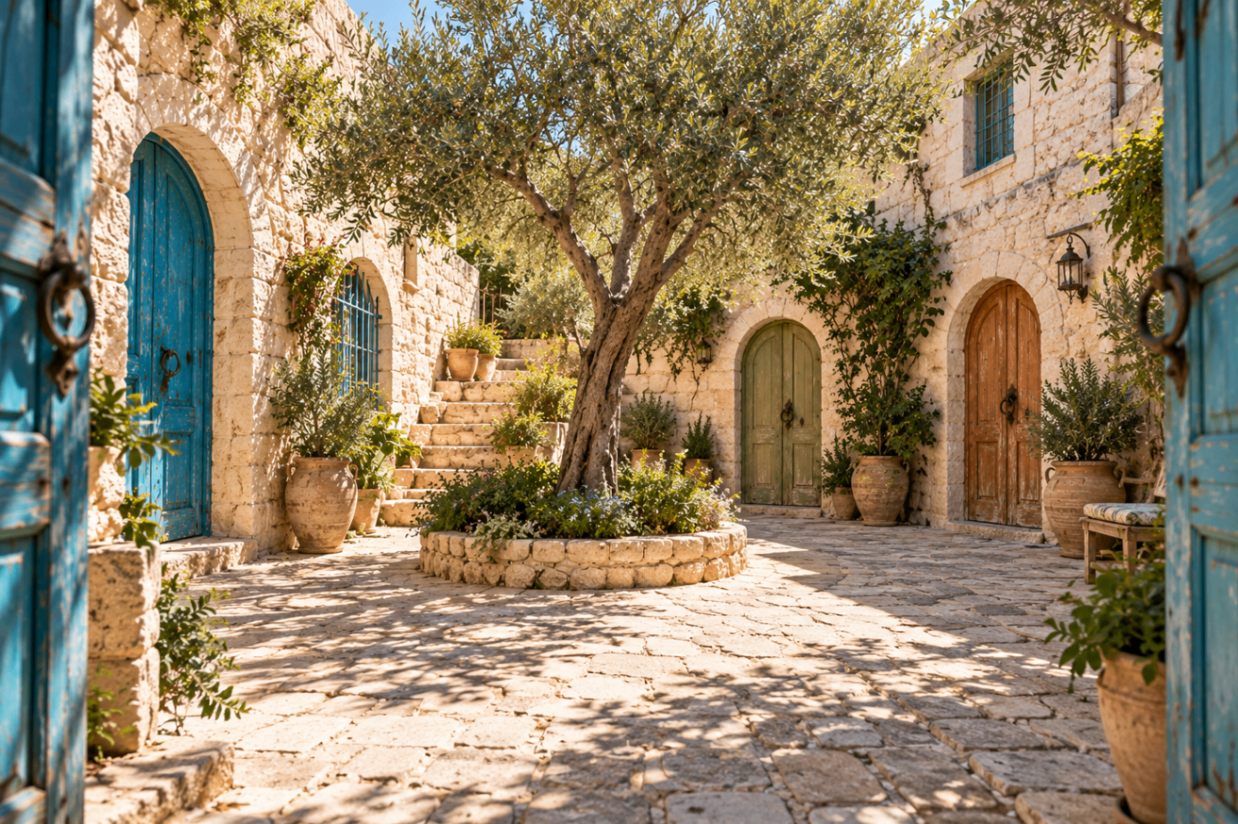 Sunlit stone courtyard with an olive tree and arched doors