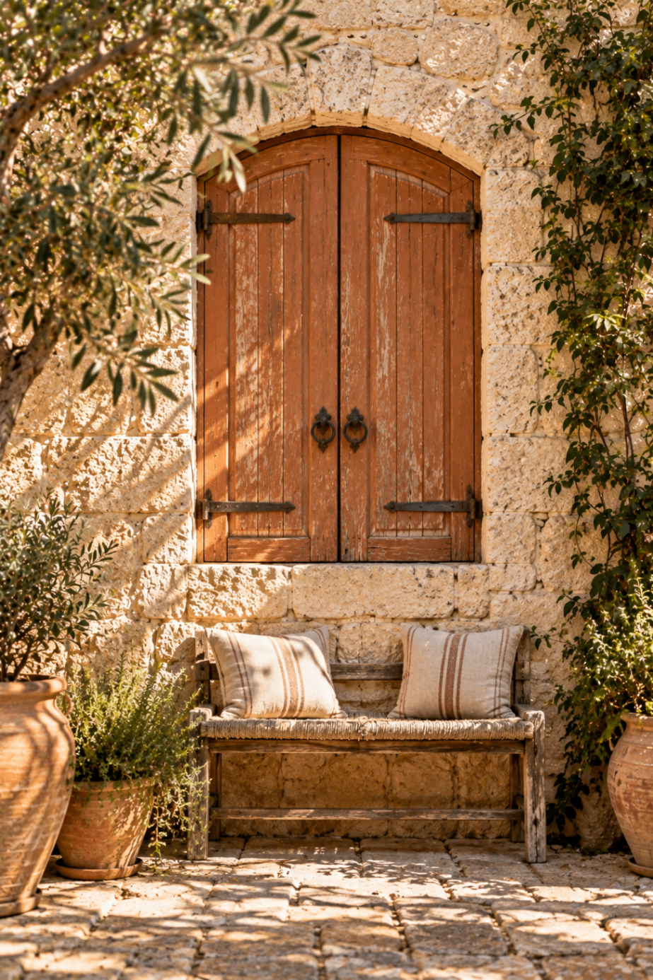 Closed wooden shutters above a bench with two cushions
