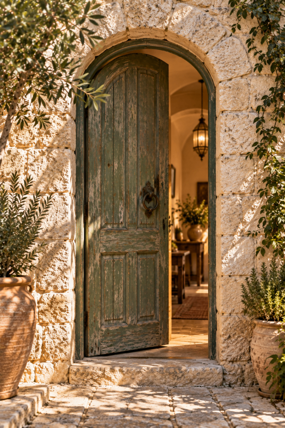 Green arched door standing slightly open with warm light inside
