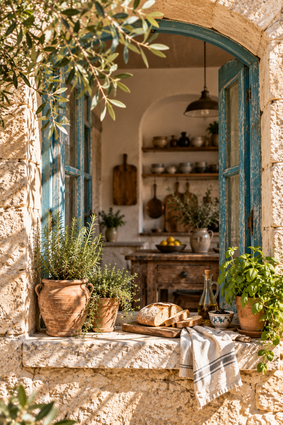 Open kitchen window with herbs and fresh bread on the sill